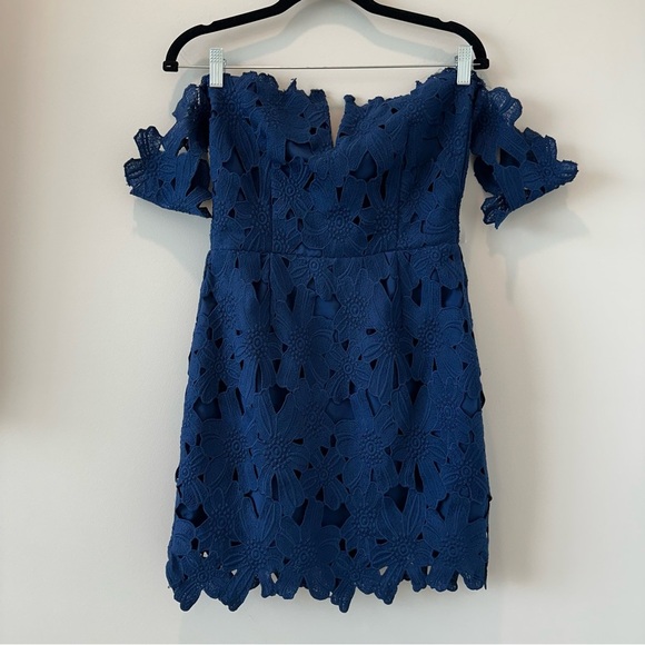 Saylor x Free People Dahlia Dress Blue Off the Shoulder Lace Cocktail Wedding - Picture 2 of 14